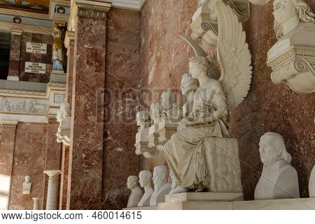 Donaustauf, Bavaria, Germany, 2 July 2022: Walhalla Memorial With Colonnade Above Danube River, Main