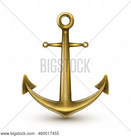 Single Golden Realistic Anchor With Metal Texture And Rings On White Background Isolated Vector Illu