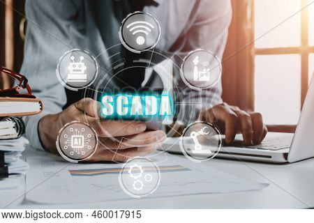 Scada Supervisory Control And Data Acquisition Technology Concept, Woman Hand Typing On Keyboard Com