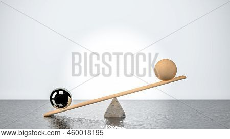 Wooden Plank In An Unbalanced Position And Tilted Towards The Iron Ball And The Other Side Of The Wo