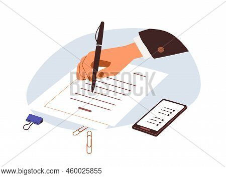 Hand Writing On Business Official Paper, Taking Notes. Employee Filling Application Form, Abstract O
