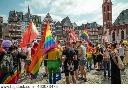 Frankfurt, Germany - July 17, 2021: The Gay Pride Demonstration In Romerberg Square
