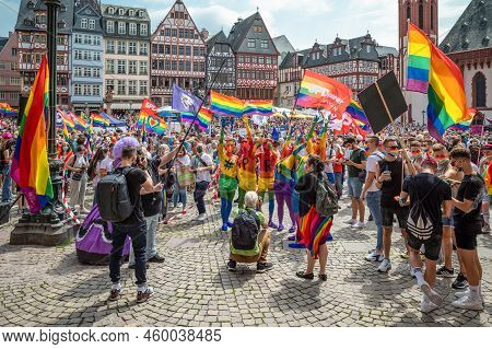 Frankfurt, Germany - July 17, 2021: The Gay Pride Demonstration In Romerberg Square