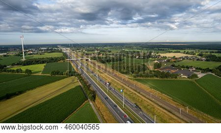 Brecht, Belgium, 6th Of July, 2022, Panoramic Aerial Drone View Of Wind Farm Or Wind Park, With High