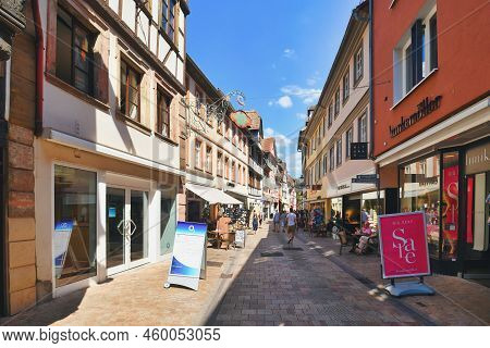 Neustadt An Der Weinstrasse, Germany - August 2022: Old Historic City Center With Small Shops And Pe