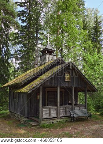 In Old Cemetery Of Uusi Valamo Orthodox Monastery In Finland: Chapel, Crosses, Orthodox Tradition.