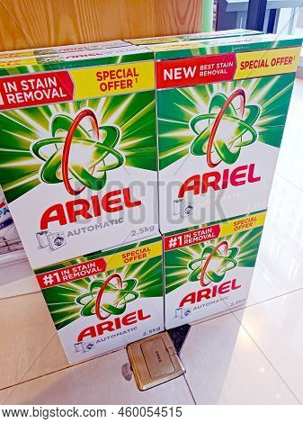 Dushanbe, Tajikistan - August 12, 2022: Ariel Automatic Washing Powder Packages For Laundry On The D