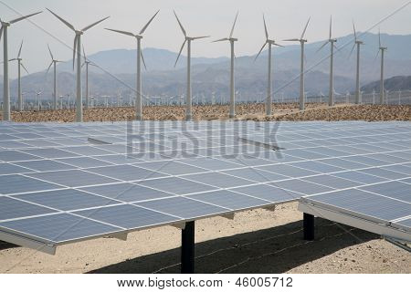 Solpaneler AKA - fotovoltaiske celler i en sol gård med vindmøllerne i baggrunden indsamle en