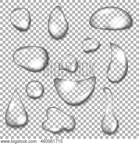 Set Of Water Drops Of Different Shape With Flares On Transparent Background Isolated Vector Illustra