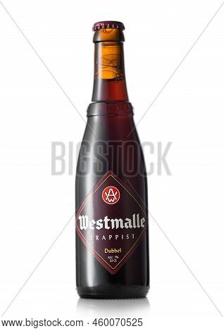 London, Uk - June 22, 2022: Bottle Of Westmalle Trappist Dubble Dark Beer On White.