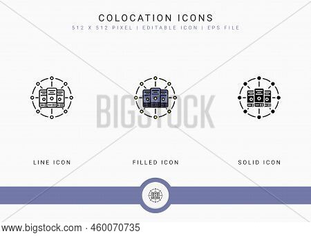 Colocation Icons Set Vector Illustration With Solid Icon Line Style. Data System Server Concept. Edi