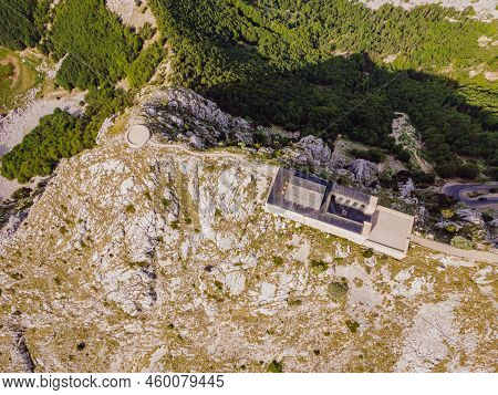 Montenegro. Lovcen National Park. Mausoleum Of Negosh On Mount Lovcen. Drone. Aerial View. Viewpoint