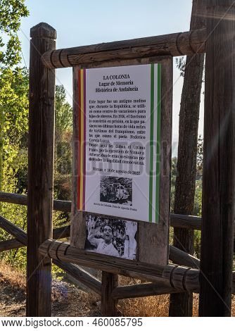 Viznar, Granada, Spain, August 18, 2022: Informative Poster, The Colonia Place Of Historical Memory 