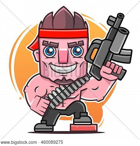 Soldier Standing And Holding Big Gun, Hand Drawn Colored Illustration. Armored Future Super Soldier 