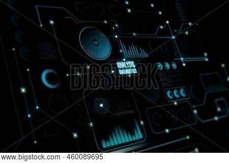 Creative Glowing Dark Digital Business Interface With Various Icons Backdrop. Diagnistics, Activatio