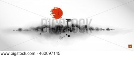 Landscape With Sacred Torii Gates, Big Red Sun And Misty Island With Forest Trees. Traditional Orien