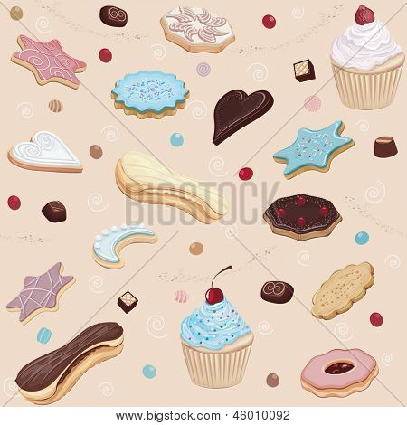 Saumaton malli eri evästeet, cupcakes ja suklaa karkkeja