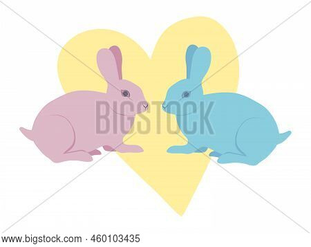Composition Two Rabbits With Heart. Pink And Blue Hare - Family, Love, Bunny Couple. Animals, Pair E