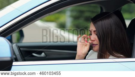 Adult Woman Driver Feels Sick Sneezing In Car. Businesswoman Touches Face With Napkin And Makes Sure