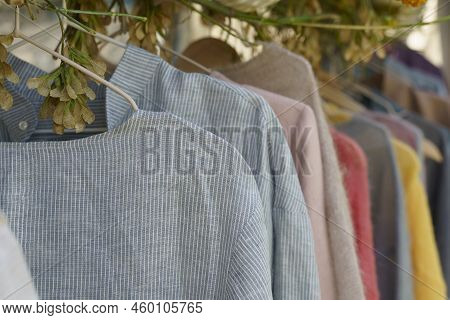 Organic Eco Clothes On A Hanger. Home-made Clothing From Natural And Processed Fabrics, Natural Vege