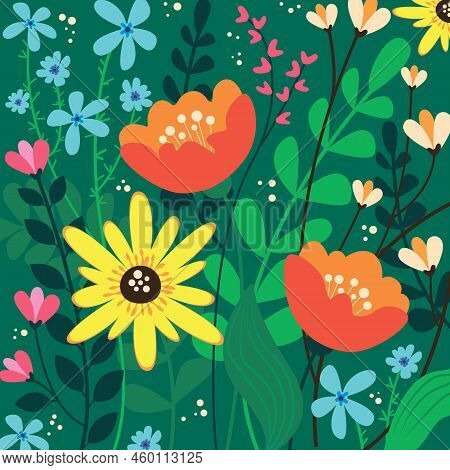 Garden Flowers, Plants, Seamless Patterns For Fashion, Fabric, Wallpaper And All Prints On Green Bac