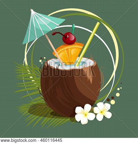 Summer Cocktail With Orange, Cherry And Umbrella On A Green Background. Vector Illustration