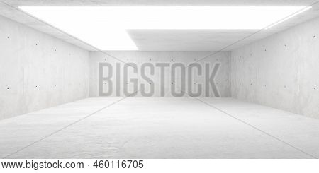 Abstract Empty, Modern Concrete Room With Large Light Around The Corner On The Ceiling And Rough Flo