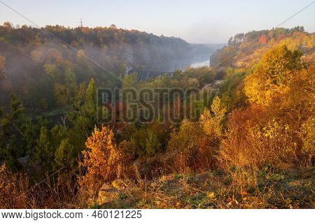 Autumn Scenery With Colorful Trees On The Rocky Hillsides Of Teteriv River Banks. Yellow And Red Fol