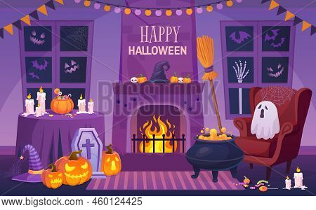 Halloween Interior. Magic House Party Celebration Indoors Scary Home, Messy Room Horror Object, Chai