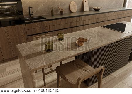 Japandi Modern Scandinavian Style Apartment Interior. Kitchen With Wooden Cabinet, Marble Counter To