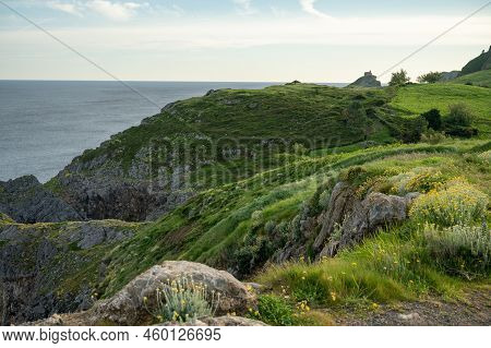 Cliffs And Green Pastures,atlantic Ocean Bay Near Bakio, Small Touristic Village, Basque Country, Sp