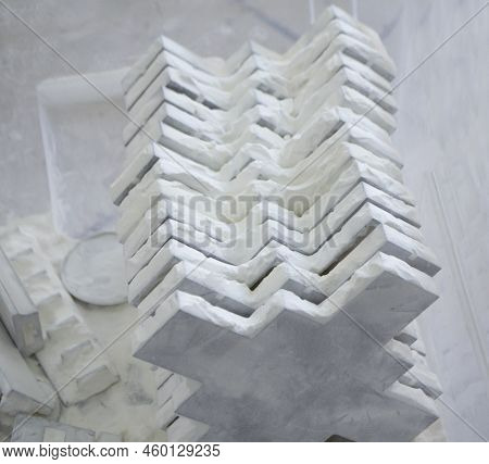 Detail Objects Printed On Powder 3d Printer And Covered White Polyamide Powder Close-up. Technology 