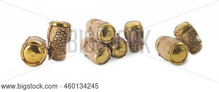 Set With Corks Of Sparkling Wine Bottles With Muselet Caps On White Background. Banner Design