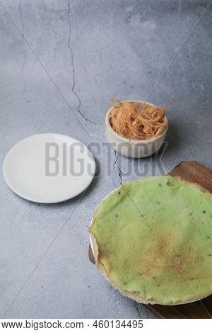 Hand Roll Thai Cotton Candy Burrito Pancake Or Roti Saimai, Thin Sheet Of Wheat Flour Wrapped In Sug