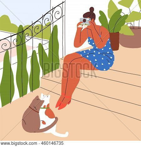Woman With Camera Taking Photo Of Cute Cats Couple. Girl Photographer Shooting Kitties, Making Pictu