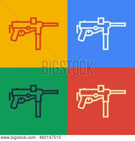 Pop Art Line Submachine Gun M3, Grease Gun Icon Isolated On Color Background. Vector