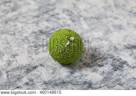 Maclura Pomifera Fruit On Light Grey Textured Background. Maclura Fruit Or Adam's Apple  Used In Alt