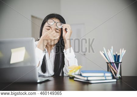 Young Business Woman Person Sleepy And Has Frustration Eye Problems With Cephalalgia Disease From Us
