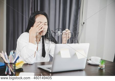 Young Business Woman Person Sleepy And Has Frustration Eye Problems With Cephalalgia Disease From Us