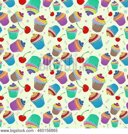 Colorful Seamless Pattern Of Caribbean Green,blue Green,liver Chestnut,purpurneus Color Cupcake With
