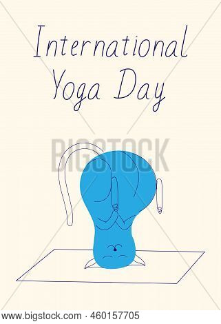 Blue Zen Cat Doing Yoga. Cat In Line Art With Blue Spor. International Yoga Day