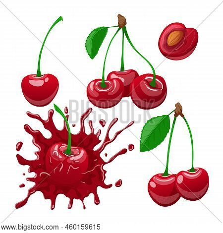 Cherry Red Fruit Set Cartoon. Sour Berry, Leaf Branch, Sweet Fresh Tree Food, Garden Nature Ripe Che