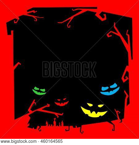 Vector Illustration Of Hellowen Background With Monster Mouth And Eyes Ornament, Silhouette Grave Ba