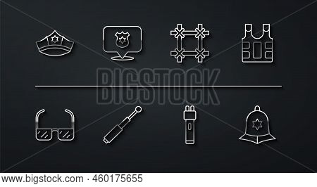 Set Line Police Cap With Cockade, Safety Goggle Glasses, Bulletproof Vest, Electric Shocker, Telesco