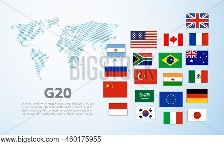 G20 World Map Countries Infographic. Saudi Arabia Turkey Brazil European G20 Country Flag.