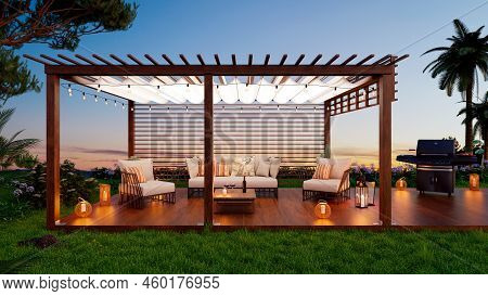 3d Render Of A Teak Wooden Deck With Decor Furniture And Ambient Lighting. Front View Of Garden Perg