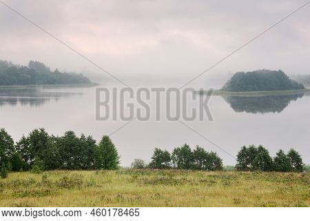 Serene Landscape In The Fog - The Shores Of Lake Otolovo In Belarus