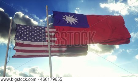 Taiwan And Usa Flag On Flagpole. Taiwan And United States Waving Flag In Wind. Taiwan And United Sta