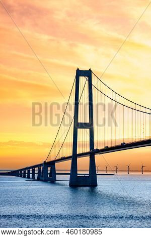 Great Belt Suspension Bridge At Sunset, Denmark