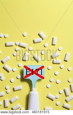 Titanium Dioxide, E171, Dangerous Additive Concept. Gum, Pills, Toothpaste Or Cream And Sign With E1